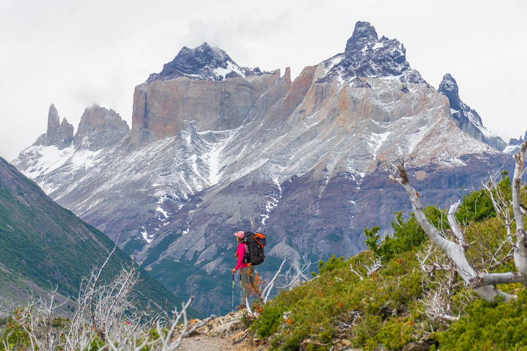 Bailey hiking on the Torres del Paine W Trek near Camp Paine Grande