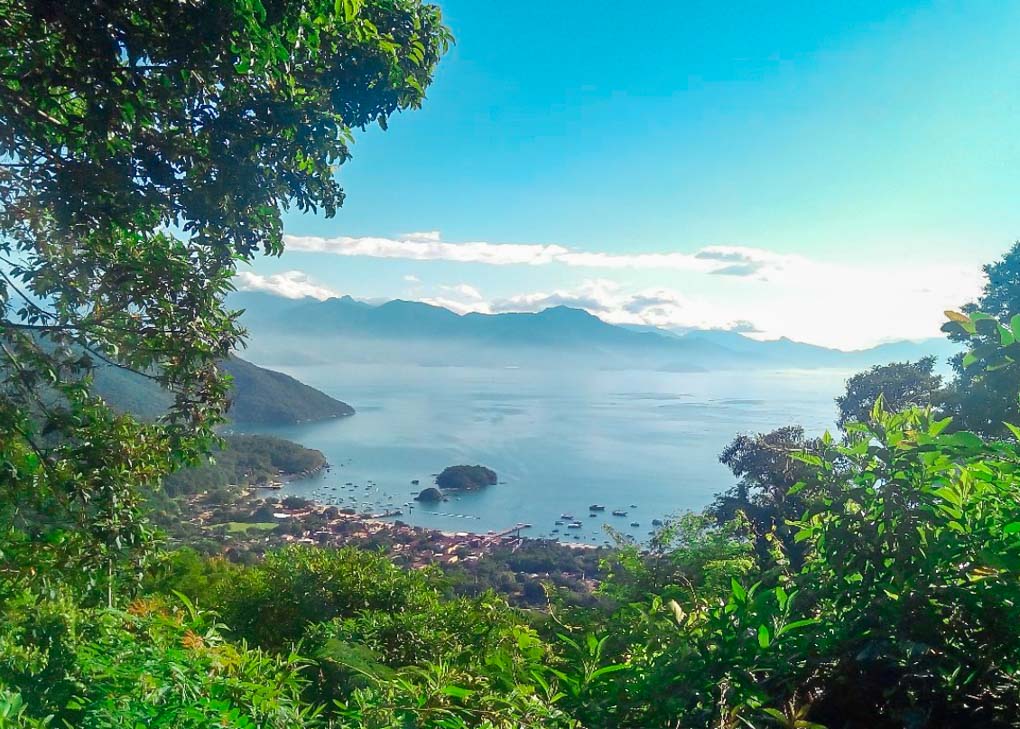 Views of the town of Vila do Abraão on Ilha Grande, Brazil on our way to Dois Rios Beach
