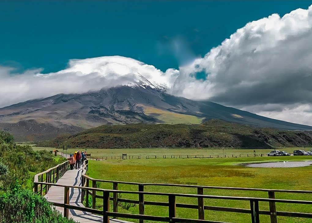 Looking at Cotopaxi Volcano from a walkway on a day trip from Quito, Ecuador