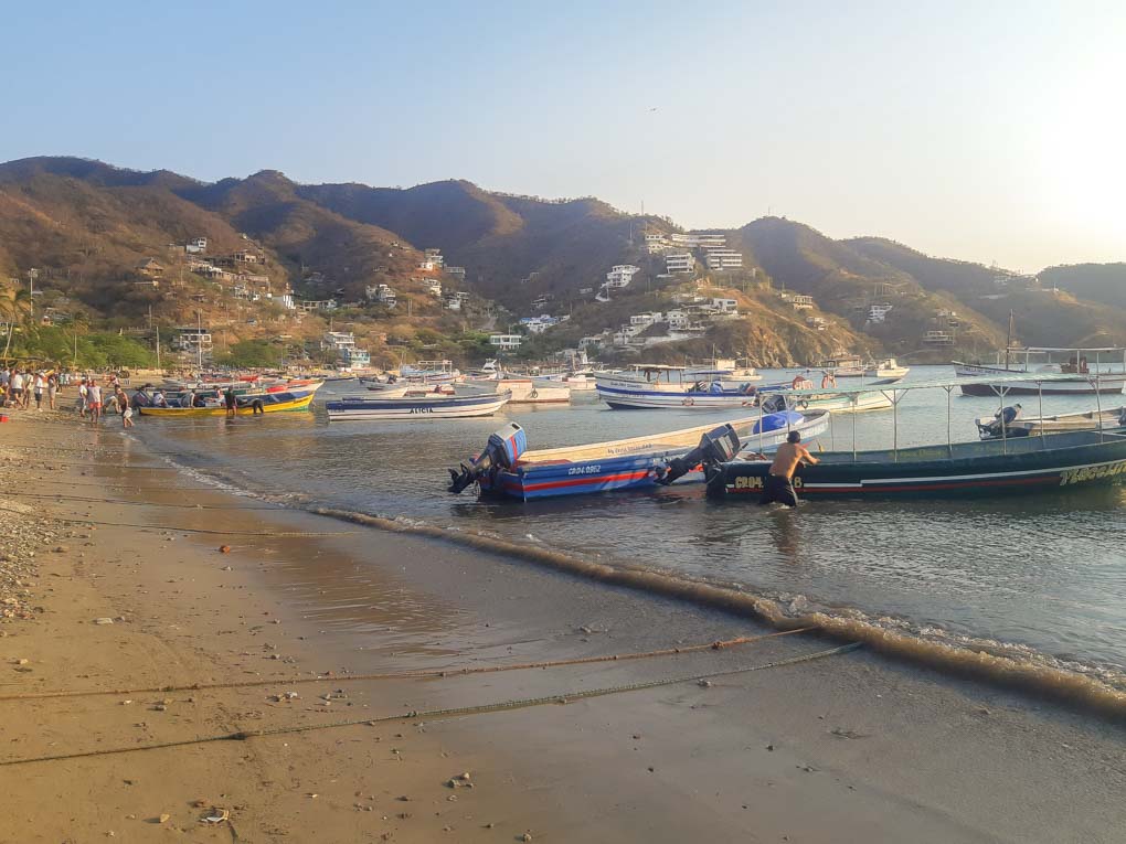 A photo of the fishing boats from the shore of Tagamga, Colombia