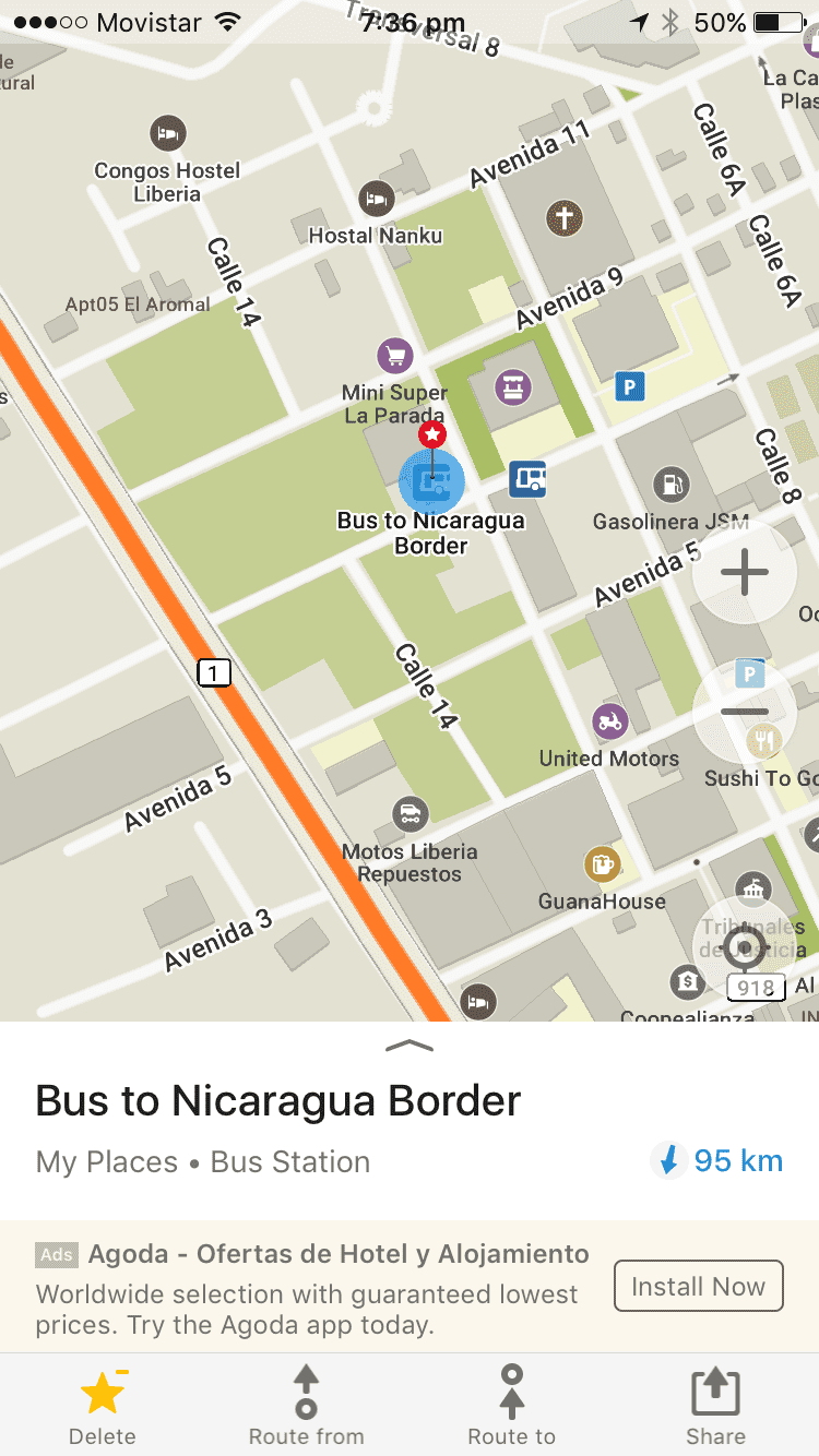 Costa Rica to Nicaragua important bus station location