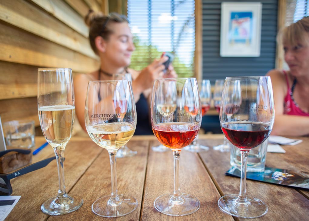 A wine tasting at Mercury bay Winery on the Coromandel Peninsula, New Zealand