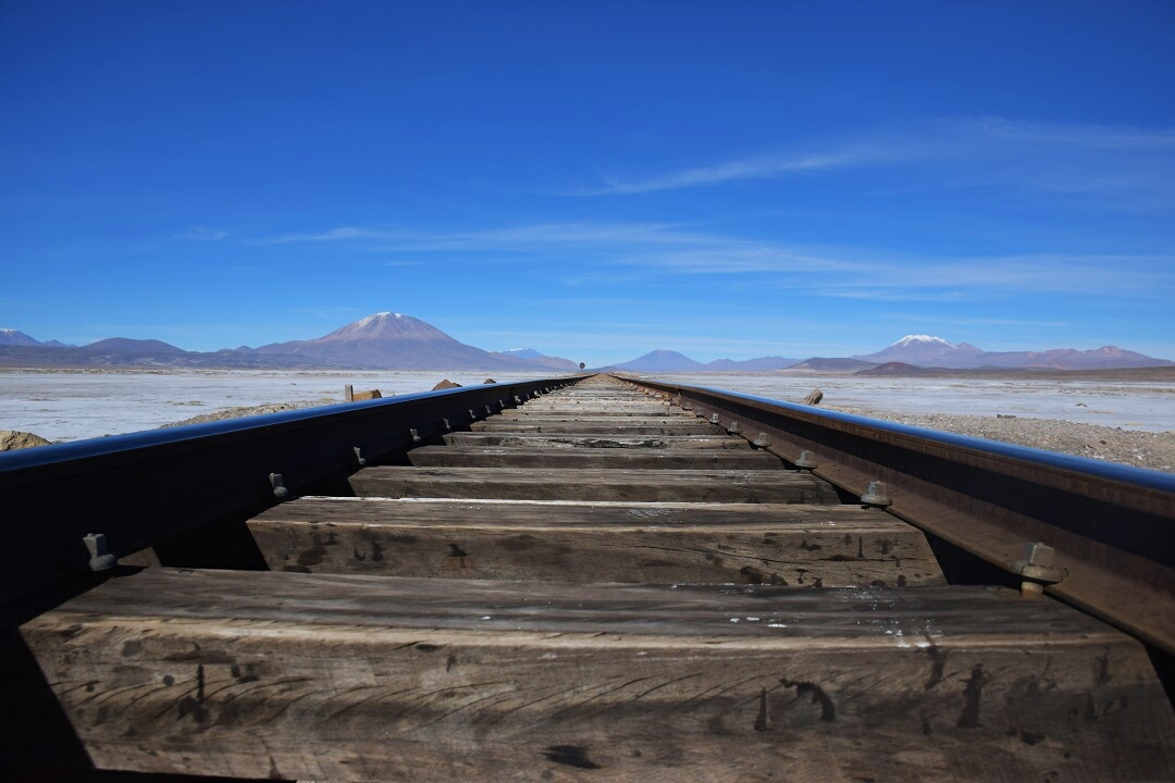 The railway track in the Salt Flats of Bolivia