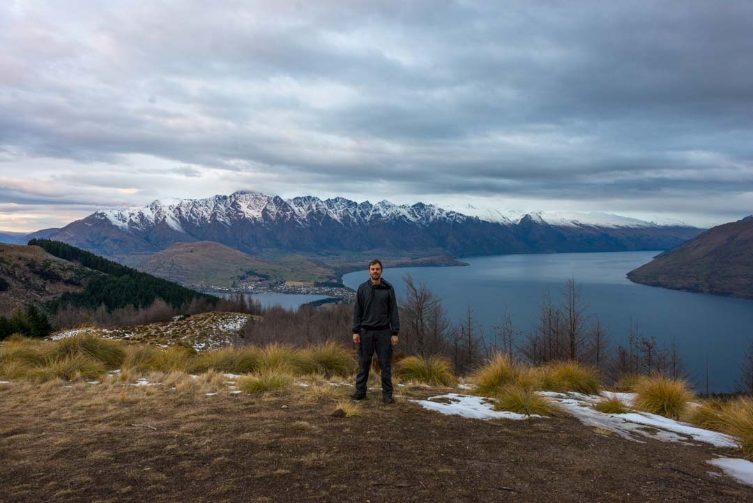 Standing at the top of the Fernhill Loop track looking over Queenstown and the Remarkables