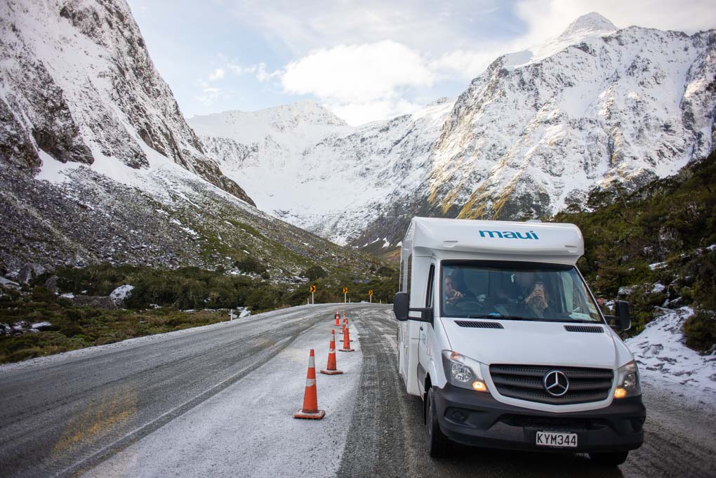 A motorhome at the Homer Tunnel between Te Anau and Milford Sound
