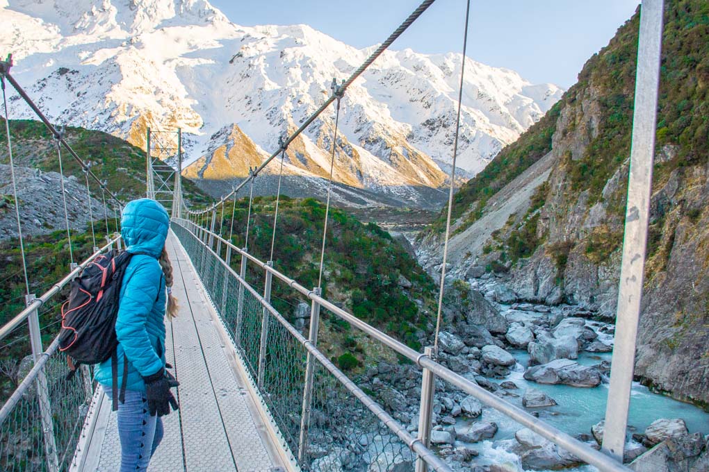 Looking towards Mount Cook on one of the Hooker Valley suspension bridges