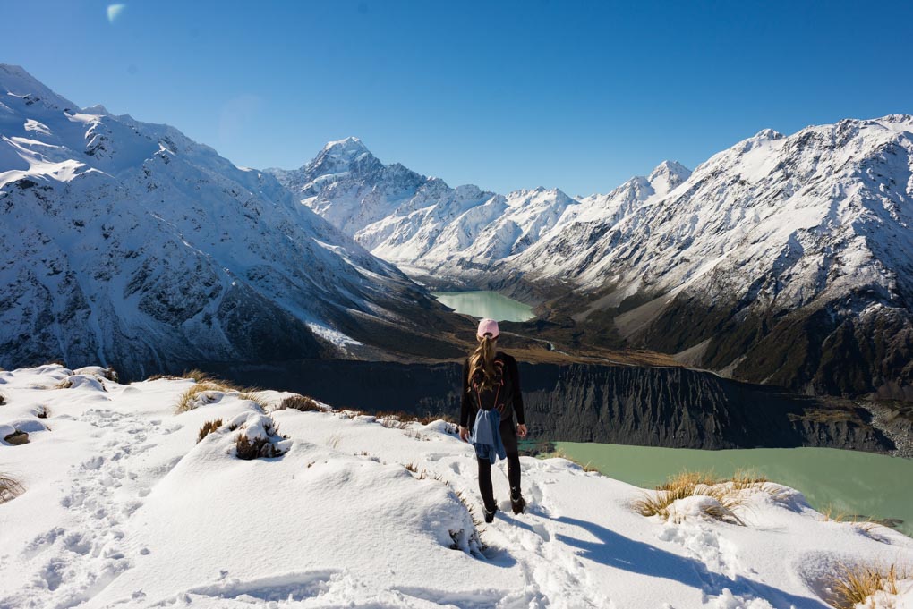 Bailey at the endof the Sealy Tarns Track staring out at the views of Mount Cook, the hooker Lake and Mueller Lake