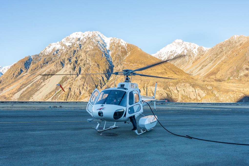 Our Mt Cook helicopter fueling up before leaving