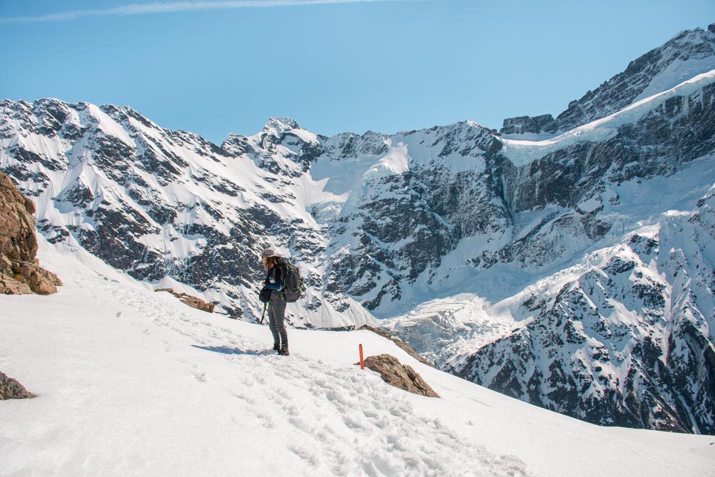 Surrounded by snow and mountains in the Mueller Hut Trail