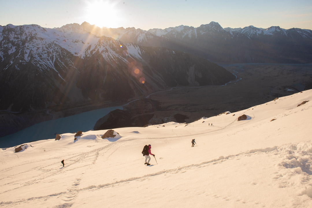 hiking in the snow to get to the mueller hut