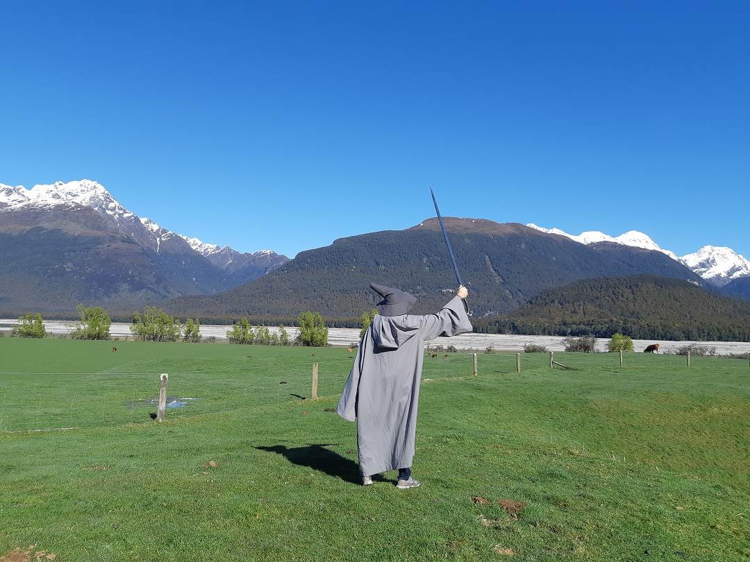 Daniel dressed up as Gandalf on a Lord of the Rings tour in Queenstown, New Zealand