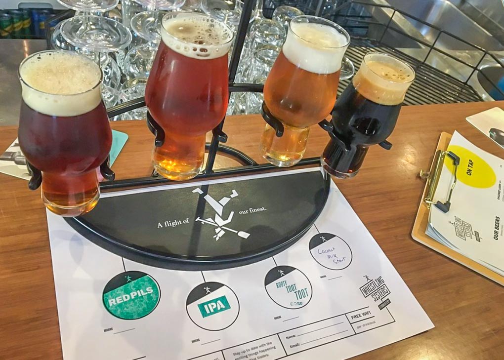 A tasting paddle at whistling sisters brewery wellington