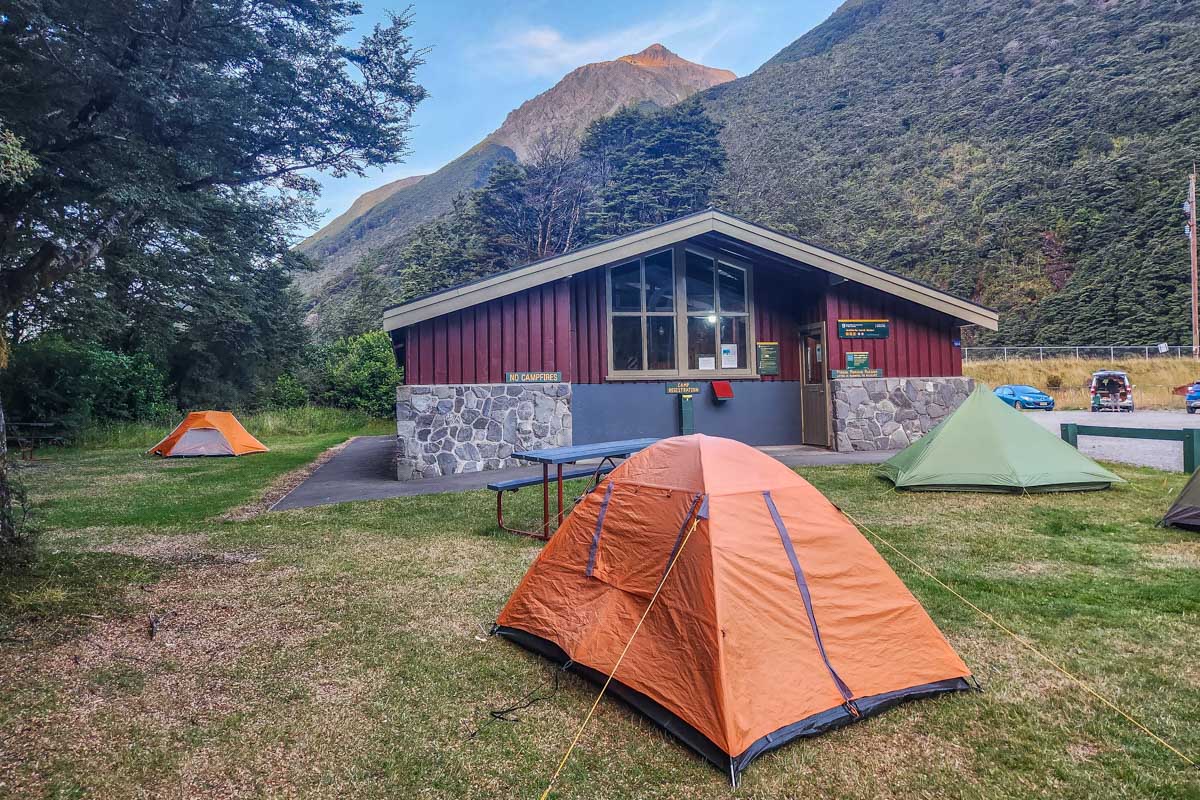 A tent at a campsite along Arthurs Pass, NZ