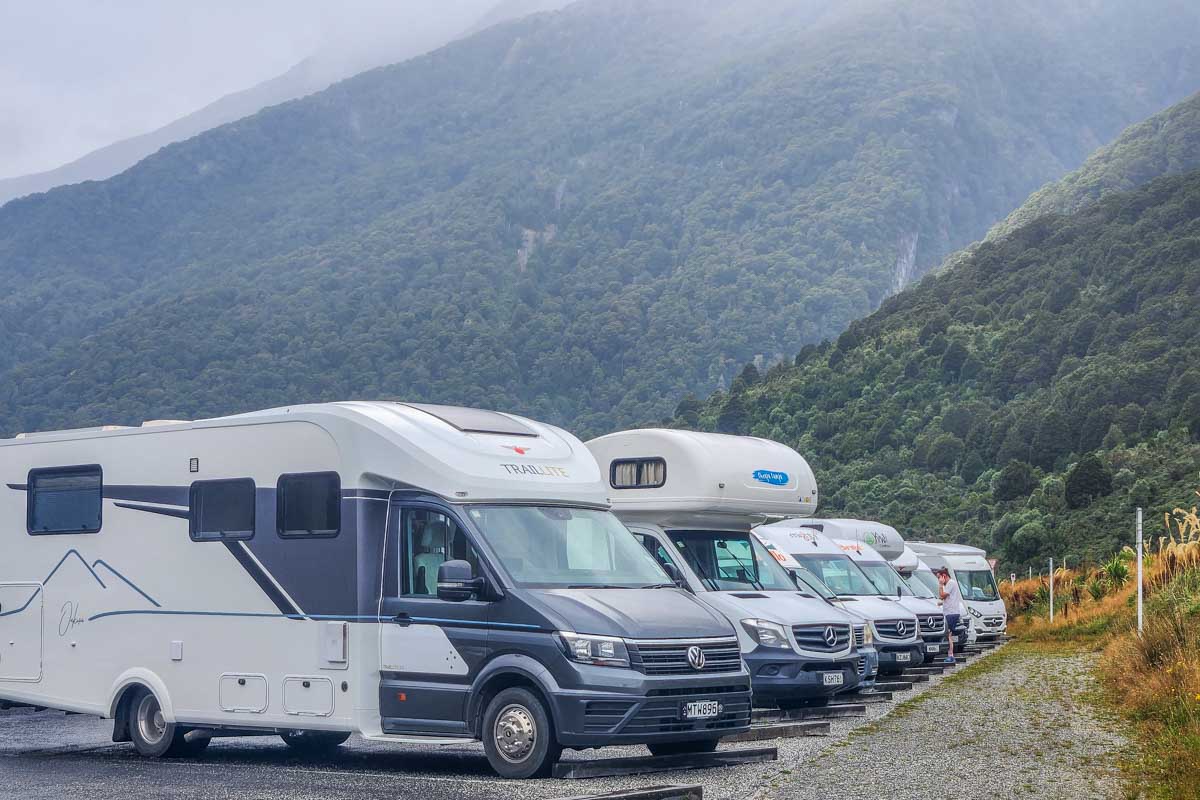 Campervans and motorhomes parked in new Zealand