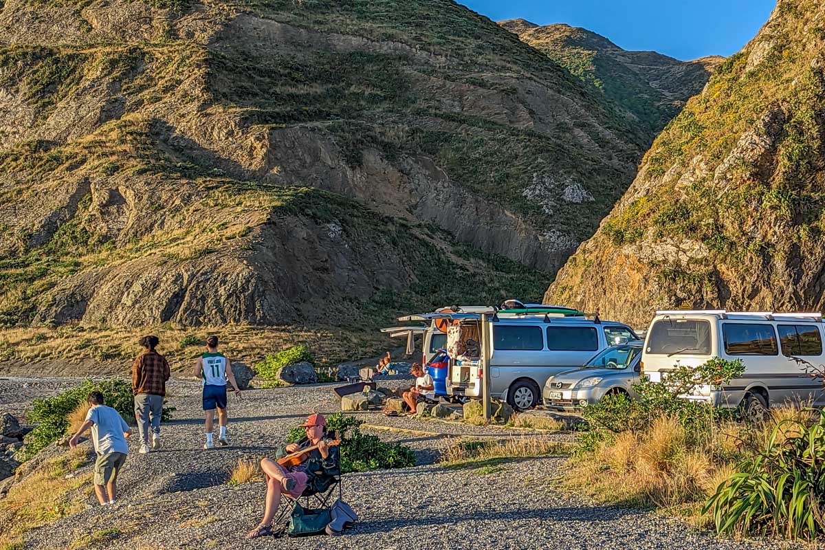 Campervans parked up along the coast at sunset in Wellington, NZ