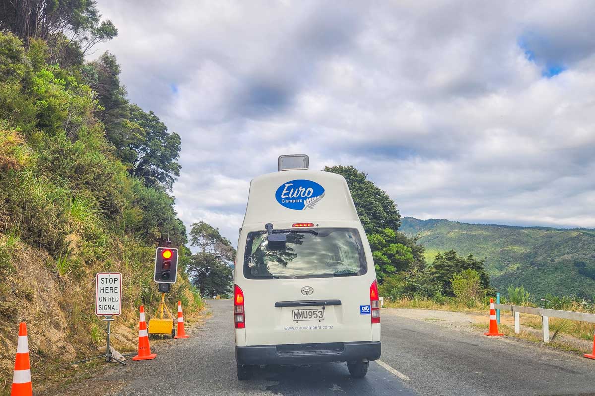 Euro Campers campervan drives outside of Picton, New Zealand