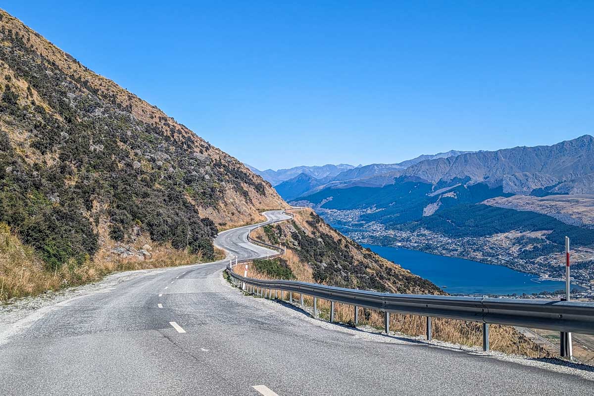 Views of Queenstown from the Remarkables ski area access road