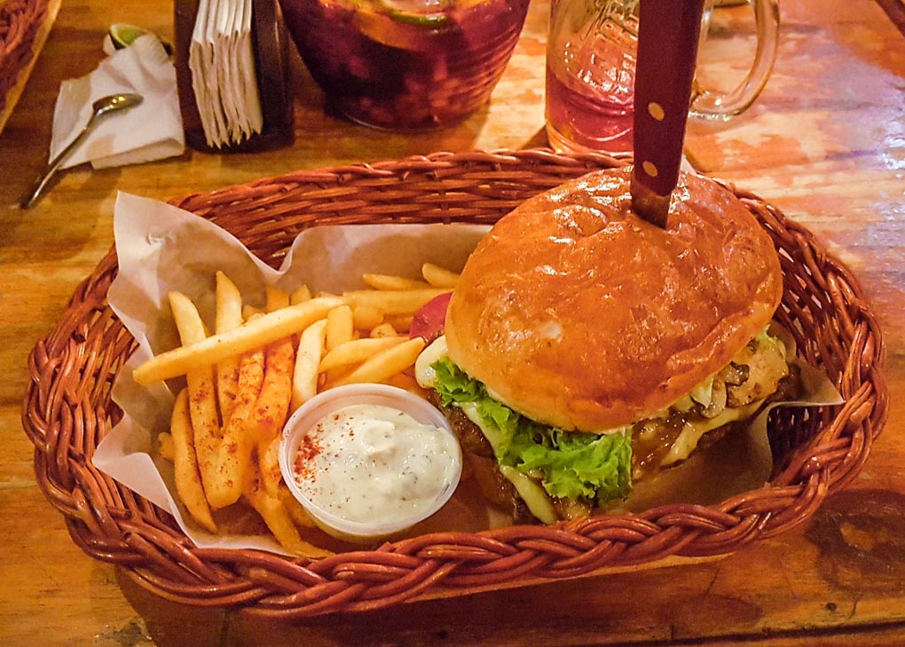 A burger at Gringo Mike's in San Gil, Colombia