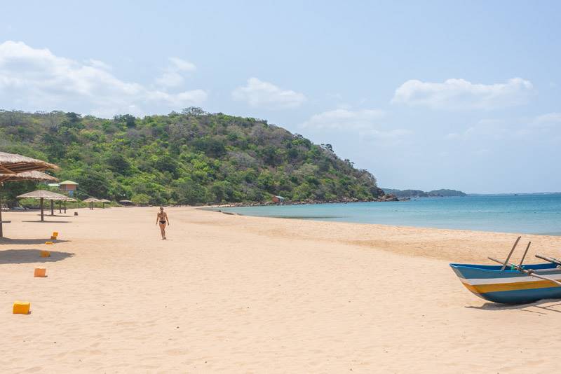 Marble Beach with Diamond Hill in the background near Trincomalle, Sri Lanka