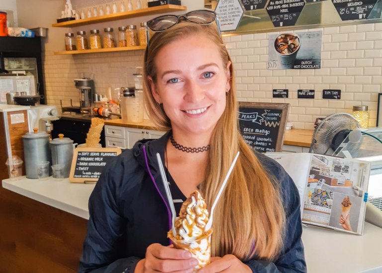 Bailey poses wit her ice cream on our Vancouver foodie tour
