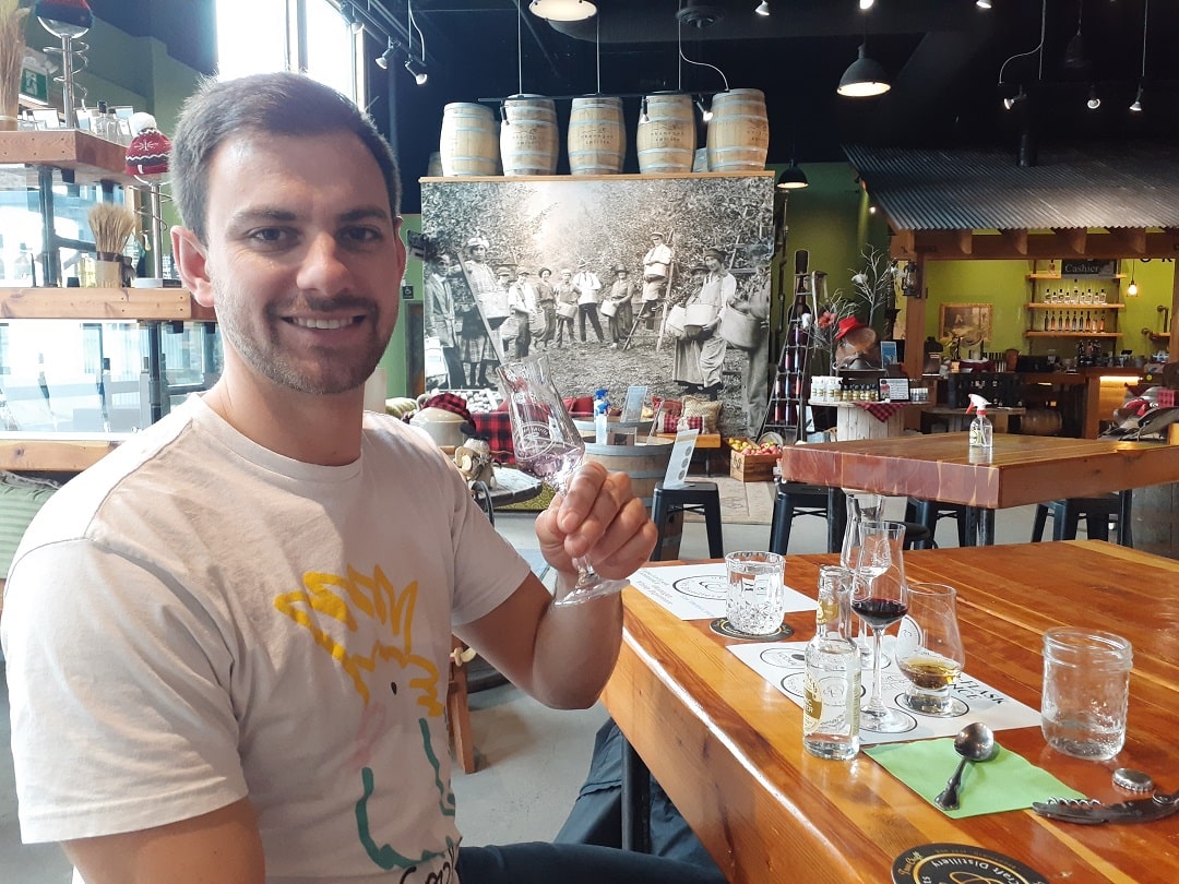 tasting spirits at the Okanagan Distillery in Vernon, BC
