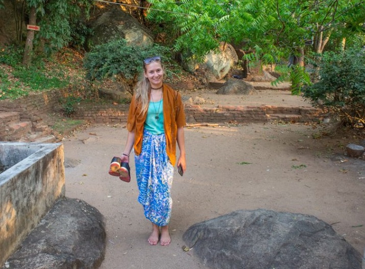 Bailey showing appropriate temple dress attire in Sri Lanka