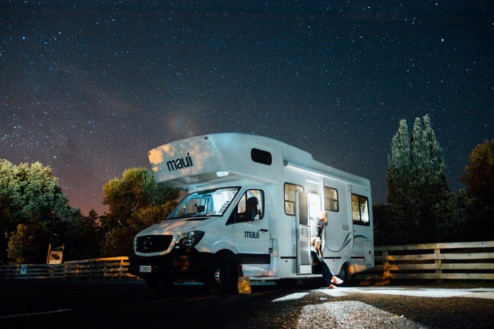 A NZ Motorhome hire at night in a freedom camping spot