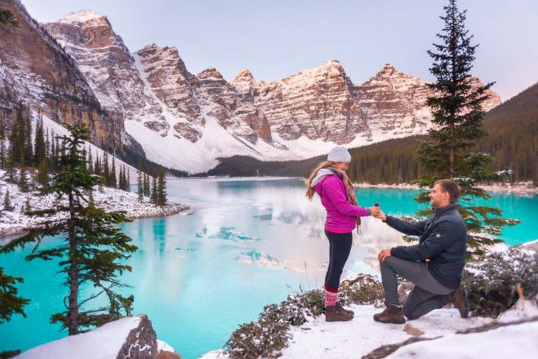 Daniel proposing to me at Lake Moraine.