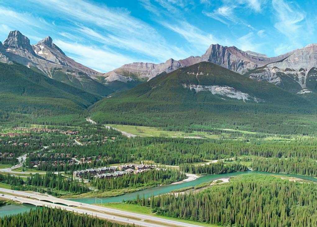 View from a helicopter looking out over the mountains around Banff, Canada