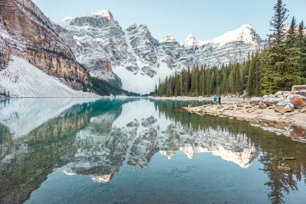 Reflective views at Lake Moraine near Banff at sunrise