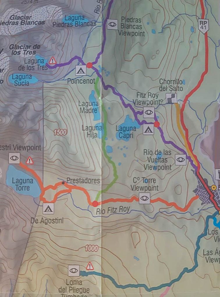 Map of the hikes in El Chalten