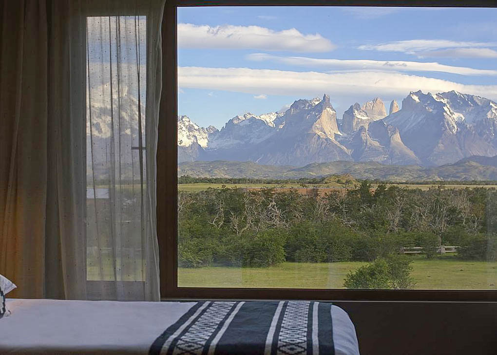The view of Torres del Paine National Park from a room at RÃo Serrano Hotel + Spa