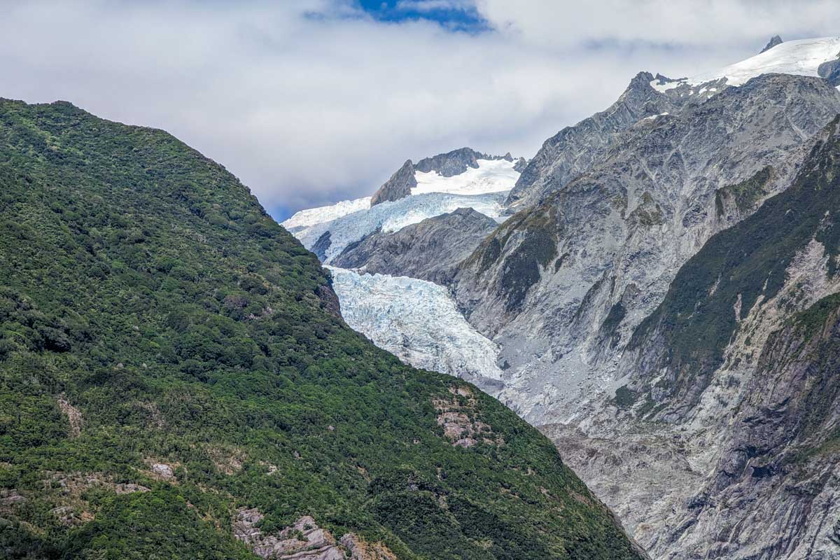 Zoomed in photo of the Franz Josef Glacier from the Franz Josef Glacier Walk viewpoint
