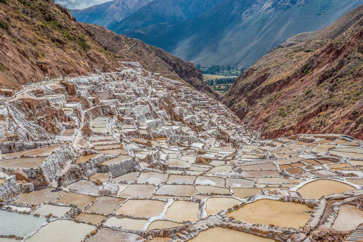 A panoramic view of the Salineras de Maras salt beds in Peru