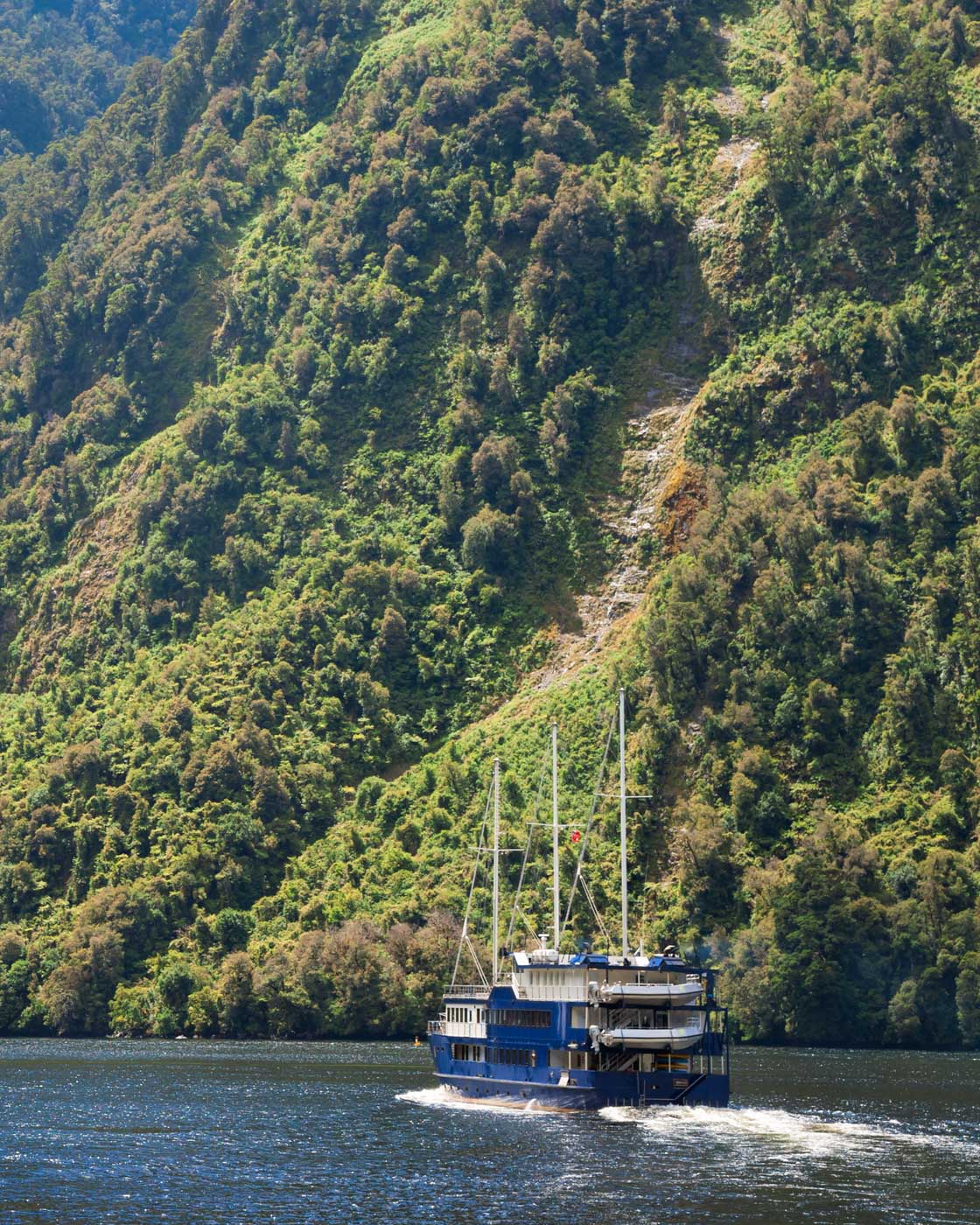 A-boat-cruises-through-Doubtful-Sound-on a wilderness cruise New Zealand