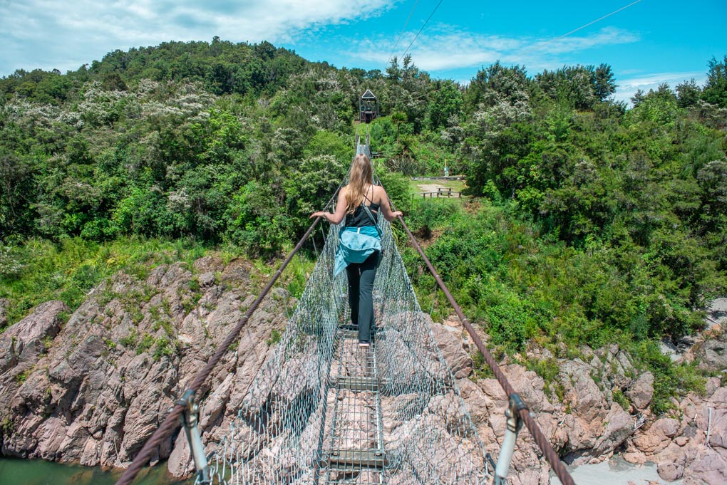 Bailey crosses the Buller Gorge Swing Bridge 