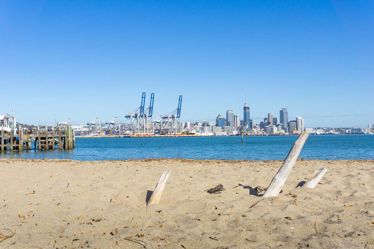 sandy beachat Devonport with a view of Auckland city