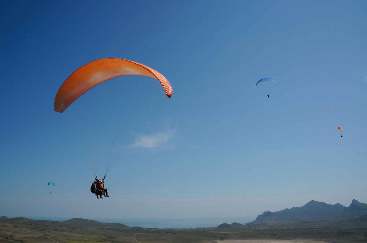 tandem paragliders in a valley with mountains in the background