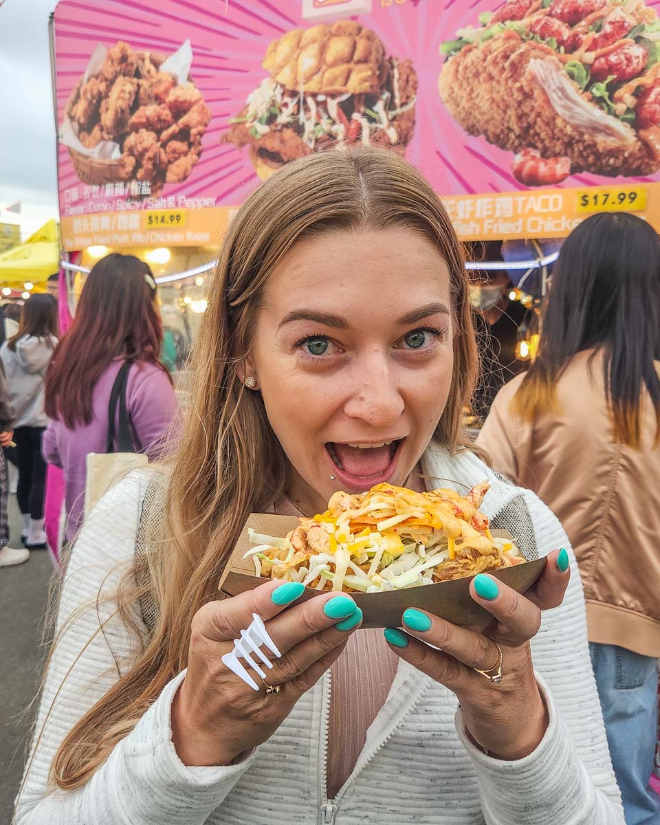 Bailey with some food at the Richmond Night Market, Vancouver