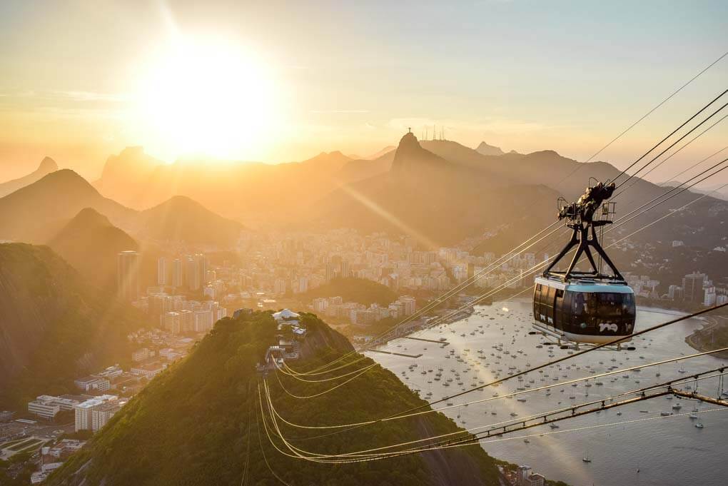 The gondola on Sugar Loaf Mountain in Rio de Janiero at sunset