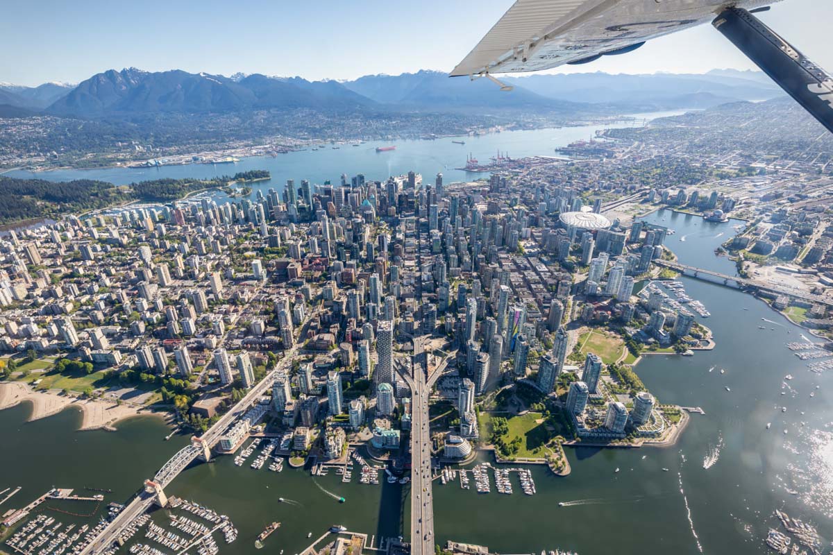 A seaplane fly's above Vancouver, Canada on a tour from Vancouver.