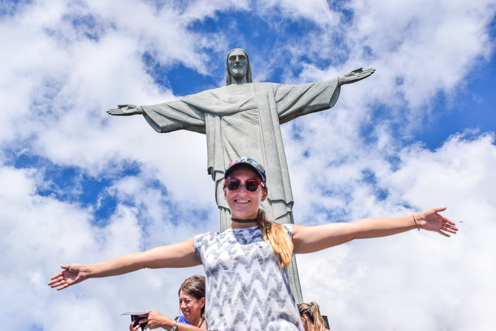 Bailey takes a photo with Christ the Redeemer in Brazil