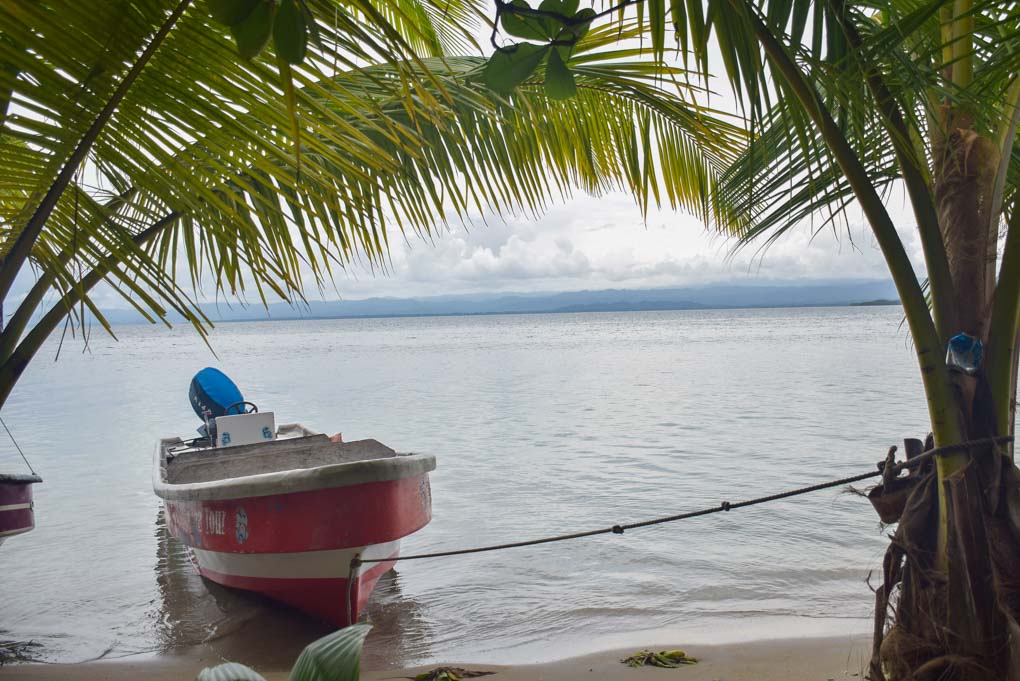 A water taxi sits at Starfish Beach in Bocas del Toro, Panama