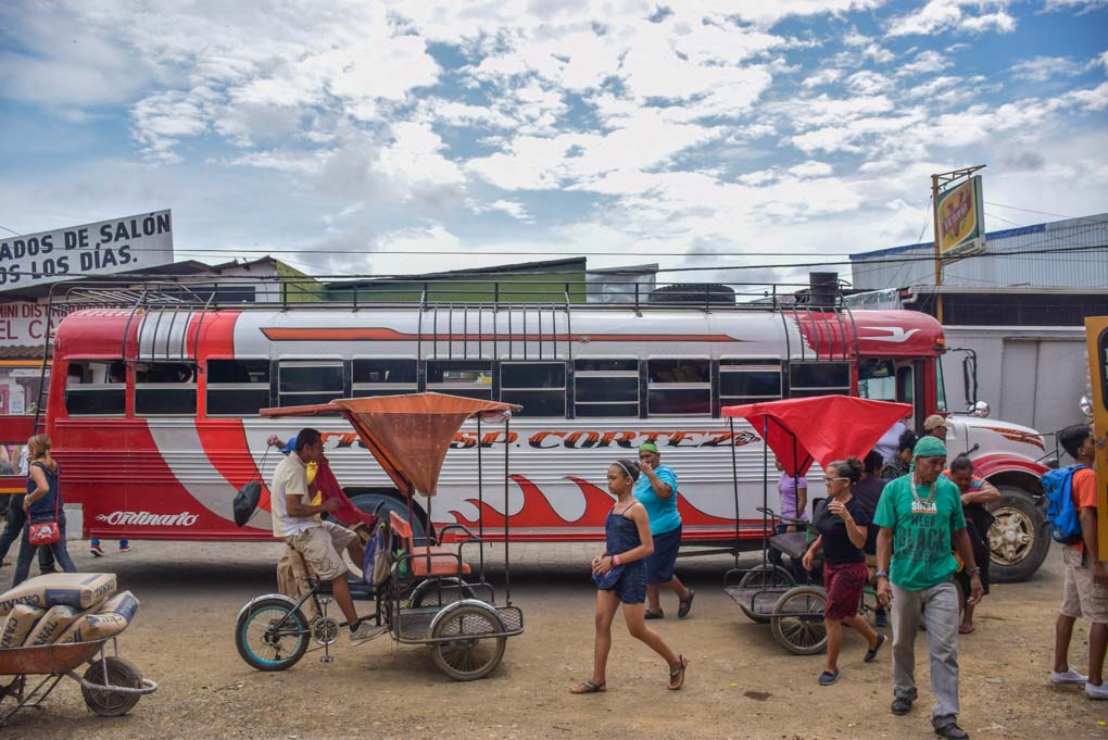A chicken bus in Central America used to cross from Panama to Costa Rica