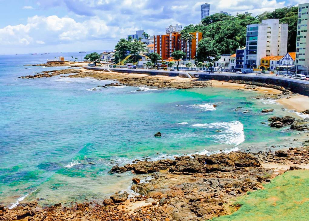 view from the fort of Farol da Barra Beach in Salvador, Brazil