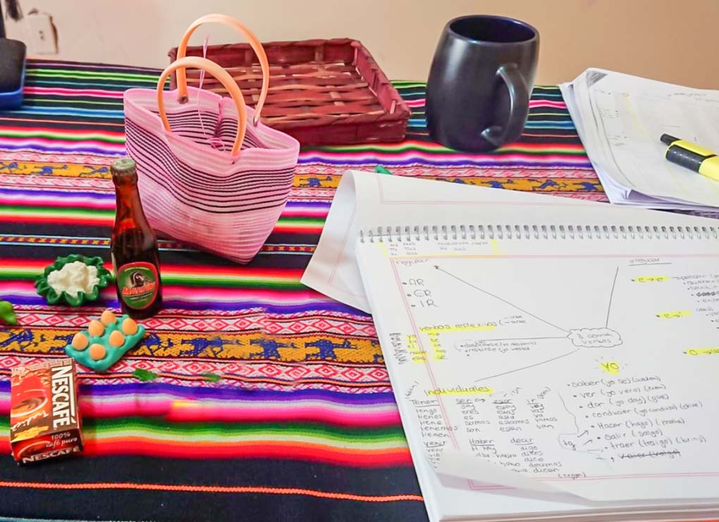 studying a spanish notebook on a mayan textile
