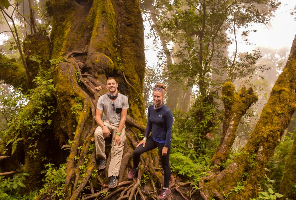 Bailey and Daniel take a photo in the forest on the Acatenango Volcano hiking trail in Guatemala