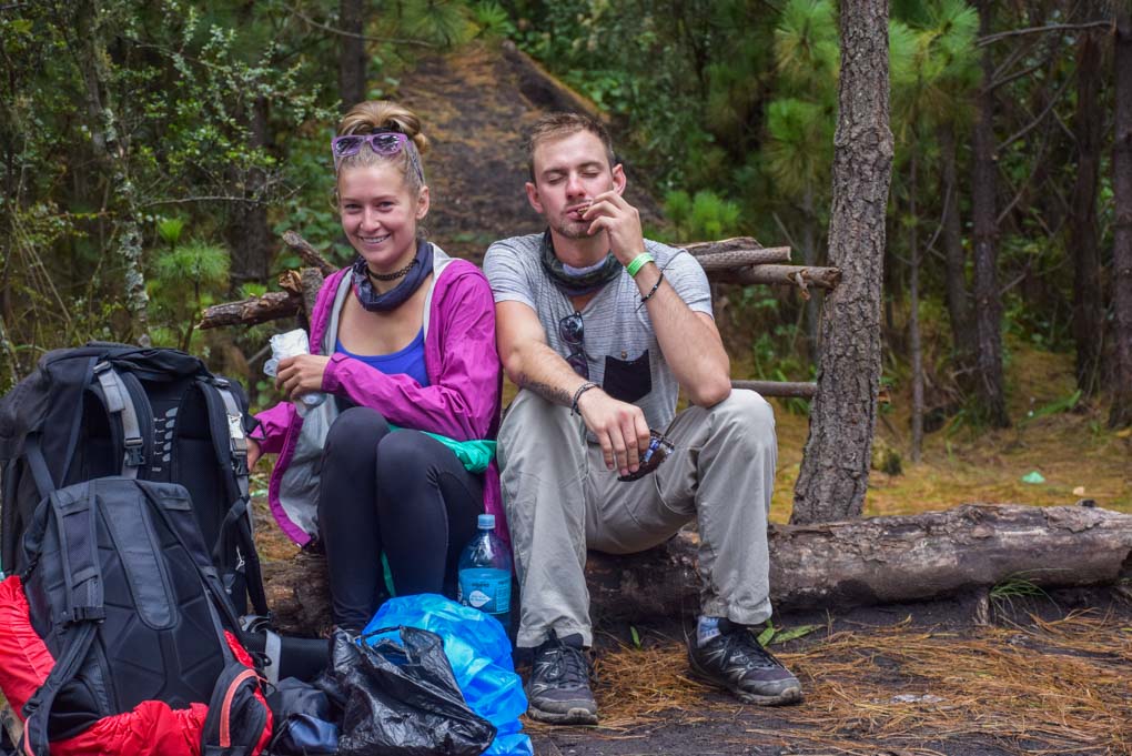 eating our packed lunch along the hike on day 1 on Acatenango Volcano