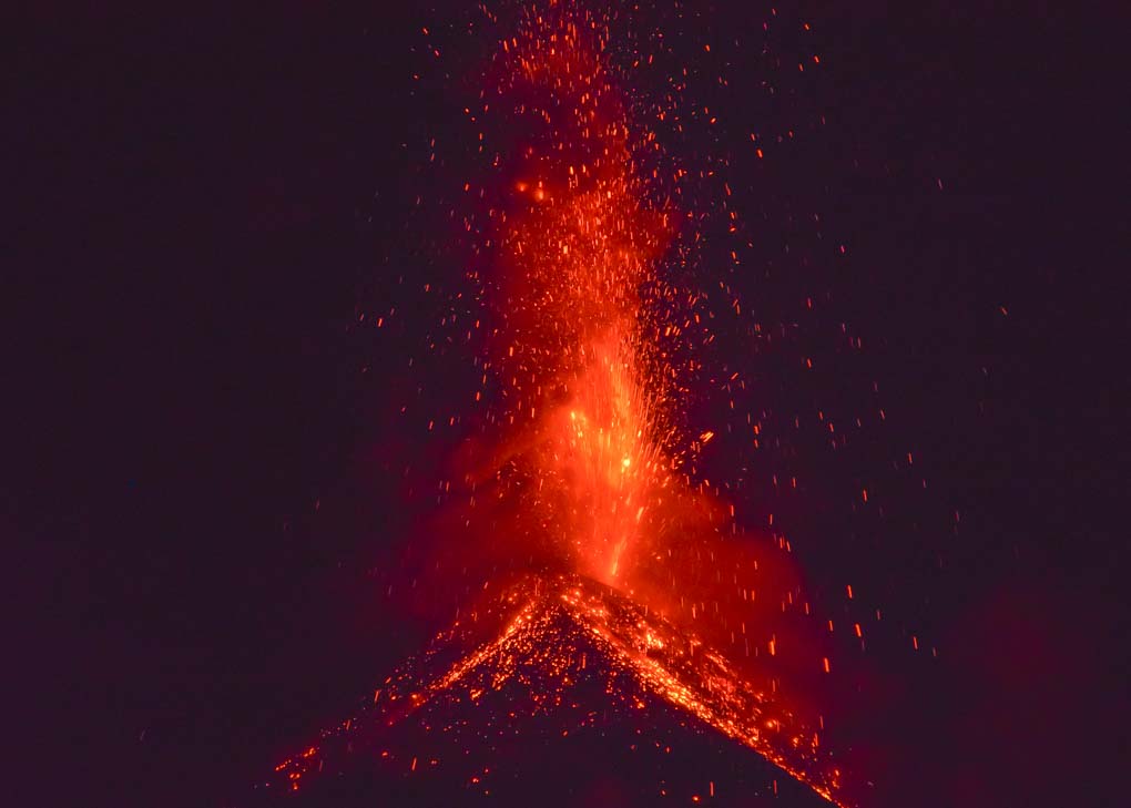 View of Fuego Volcano erupting from the Acatenango overnight volcao hike