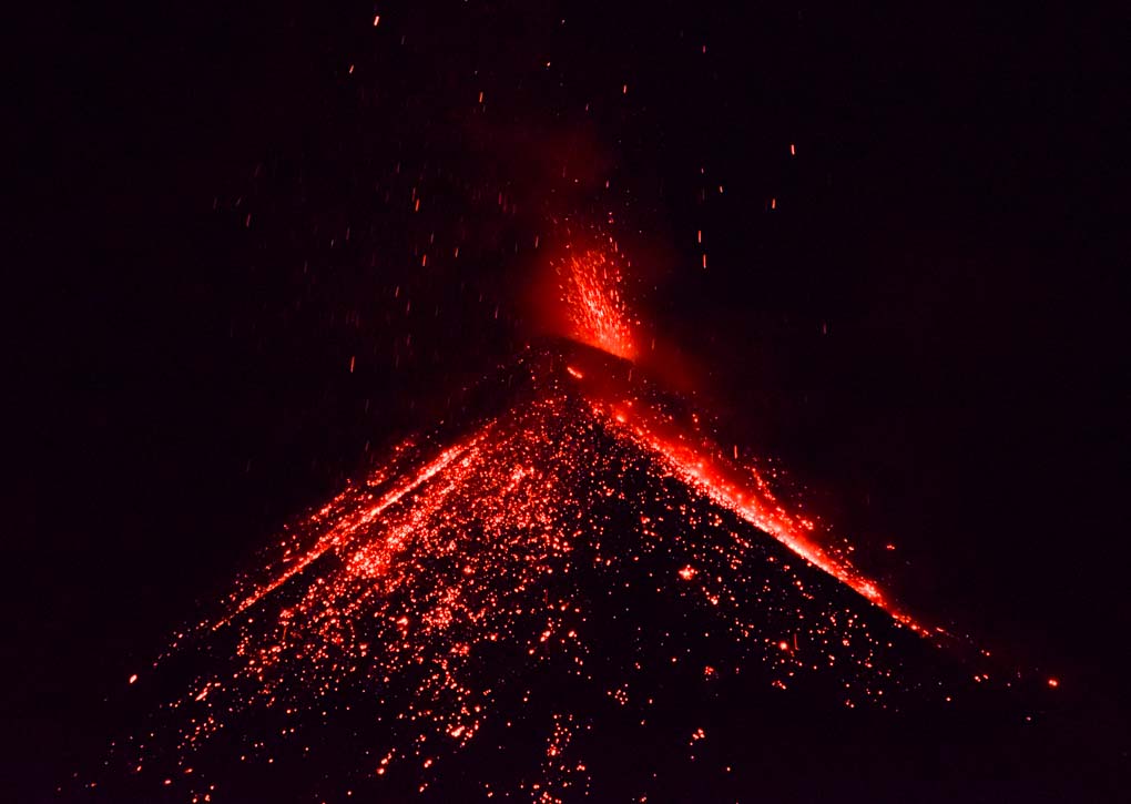 Lava erupting from Fuego Volcano in Guatemala at night